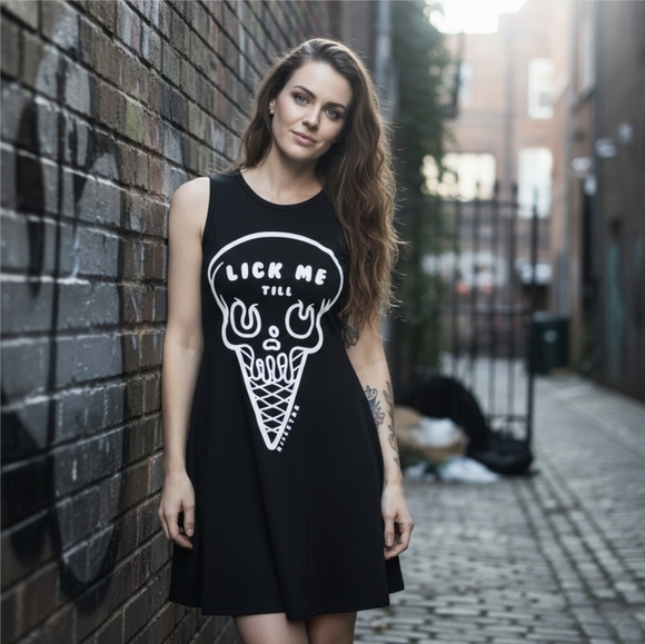 KILLSTAR ✦ “iScream” Skater Dress ✦ Gothic Black Flock Skull Graphic Soft Jersey - Picture 1 of 15